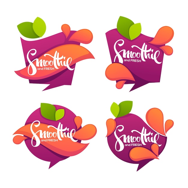 Vector verzameling heldere en glanzende stickers, emblemen en banners voor smoothie en sap