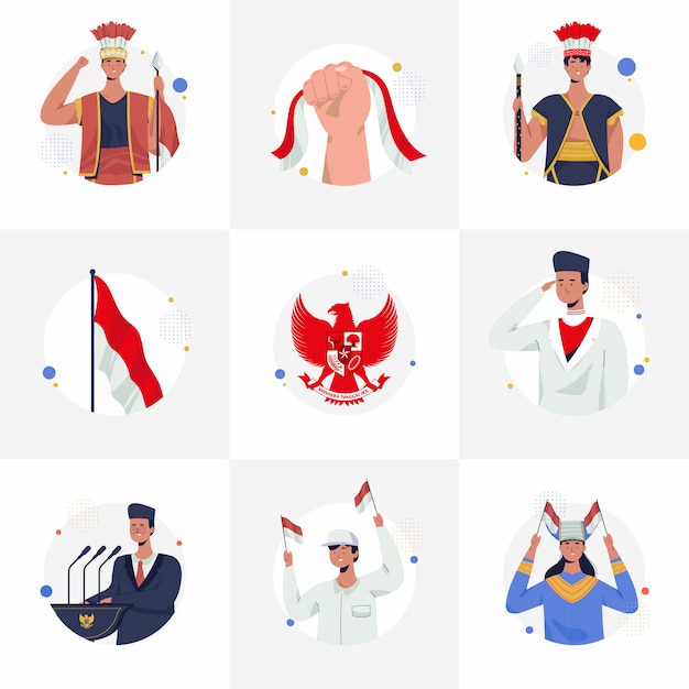 Verzameling illustraties Indonesische onafhankelijkheidsdag voor instafeed. Proclamatie, Pancasila, traditionele kleding van Indonesië en nationale ceremonie. Platte vectorillustratie.