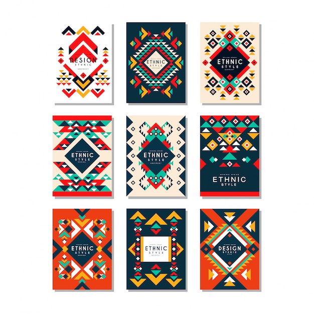 Verzameling kaartsjablonen met etnische patronen. Abstract met geometrische vormen. Kleurrijke elementen voor brochure, cover, flyer of poster