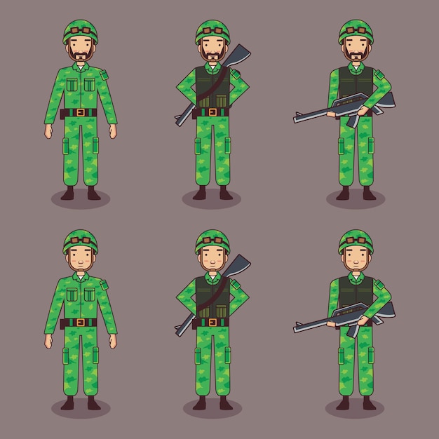Vector verzameling legertekenfilmfiguren die wapens met verschillende poses dragen