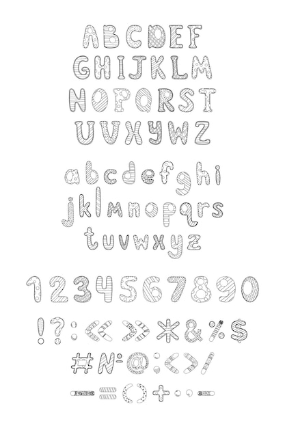 Vector verzameling letters, cijfers en leestekens met abstracte patronen alfabet voor het samenstellen van zinnen en het ontwerpen van kaarten, titels, uitnodigingen en logo's
