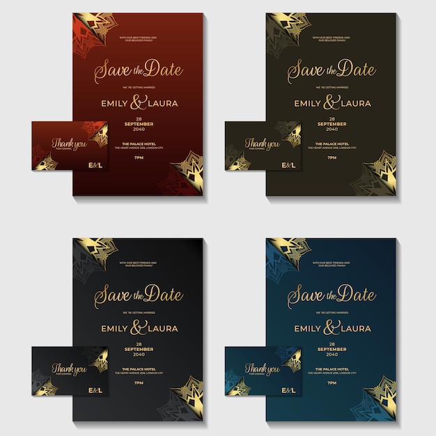 verzameling met kleurvariaties mandala luxe bruiloft uitnodigingskaart vector sjabloon