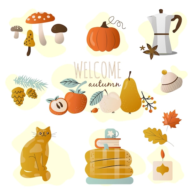 Verzameling of set herfst warme en gezellige stickers