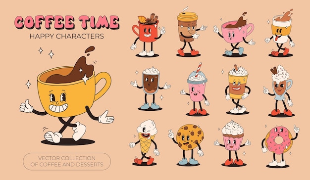 Verzameling schattige stripfiguren van koffie afhaalmaaltijden en gebak donut chocoladeschilferkoekje ijs en cupcake Vector illustratie Geïsoleerde desserts eten en drinken in retro nostalgische stijl