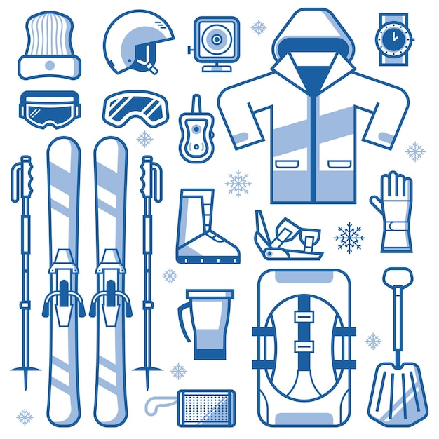 Verzameling ski-uitrusting en accessoires. Ski-iconen met jas, lawine-reddingskit, sneeuwschoenen, palen en andere essentiële wintersport- en activiteitsartikelen. Vectorelementen van ski-apparatuur.