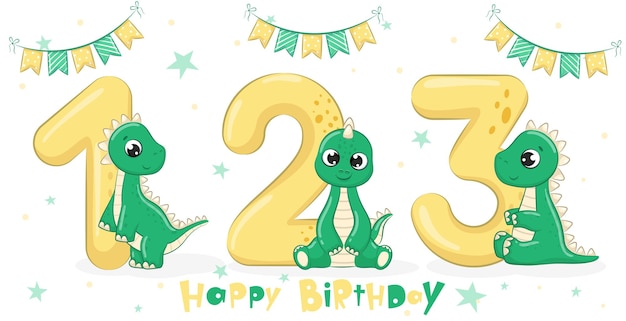 Verzameling van 3 schattige groene dinosaurussen "Happy birthday, 1,2,3 years". Vectorillustratie van een tekenfilm.