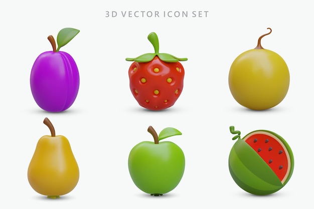 Verzameling van 3D-pictogrammen met schaduwen Vector gekleurde vruchten en bessen