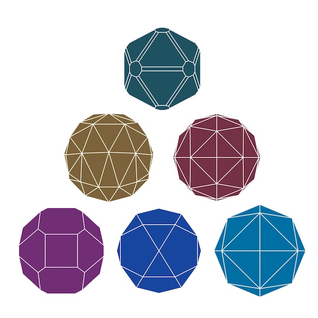 Verzameling van 6 eenkleurige complexe dimensionale bollen en abstracte geometrische figuren met witte contouren. Fractal 3D symbolische objecten.
