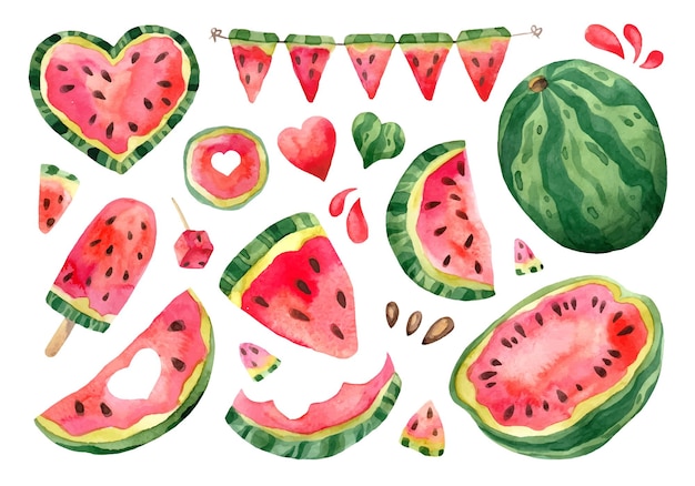 Vector verzameling van aquarel watermeloen voor ontwerp illustratie stukken van dessert voor zomer festival decoratie segmenten van sappig tropisch fruit geïsoleerd op een witte achtergrond garland van bessen ijs