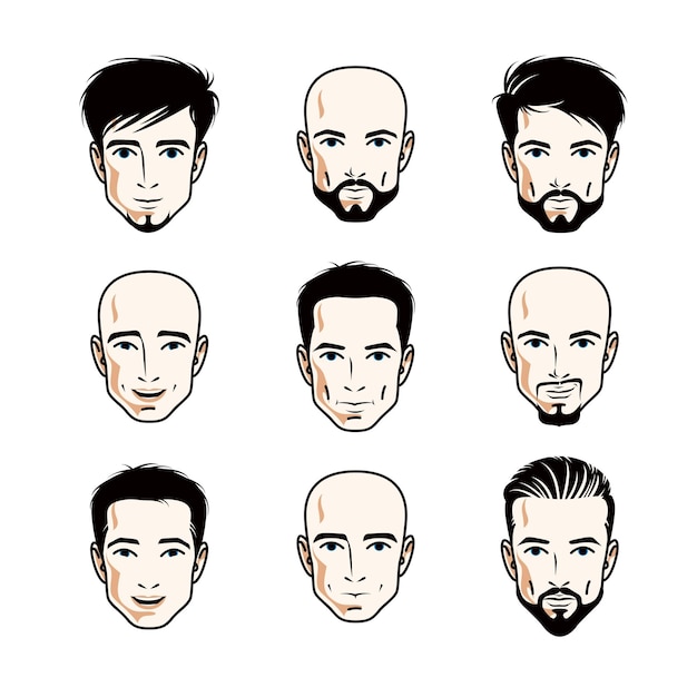 Verzameling van blanke mannen gezichten die verschillende emoties uitdrukken, vectorillustraties van het menselijk hoofd.