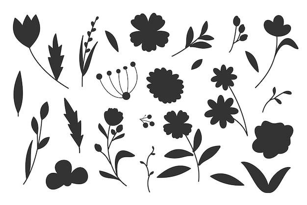 Verzameling van bloemen en takken doodle geïsoleerde vector silhouetten