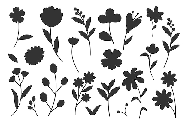 Verzameling van bloemen en takken doodle geïsoleerde vector silhouetten