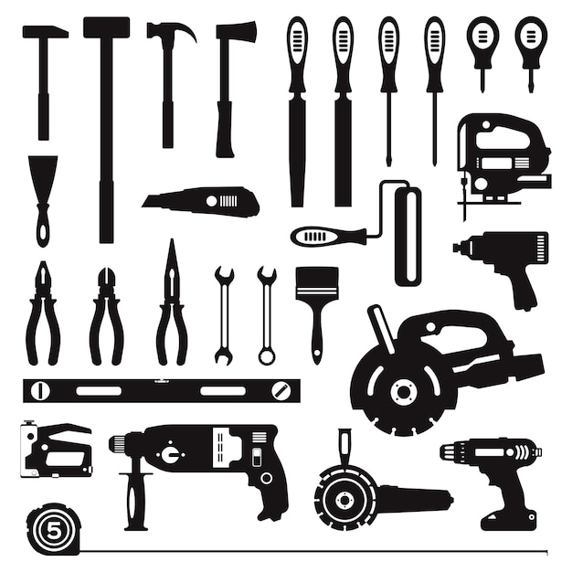 Vector verzameling van bouwgereedschappen timmerwerkuitrusting vector silhouetten