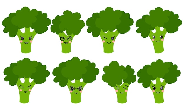 Verzameling van broccoli-personages Kawaii broccoli schattige vegetarische mascotte Cartoon vectorillustratie