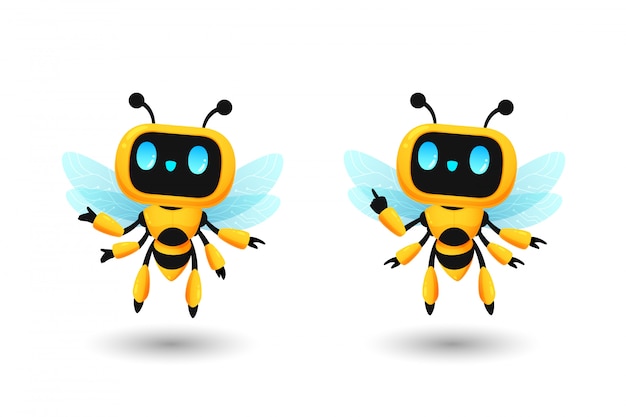 Verzameling van cute bee robot ai personage in heden en aanwijsapparaat pose