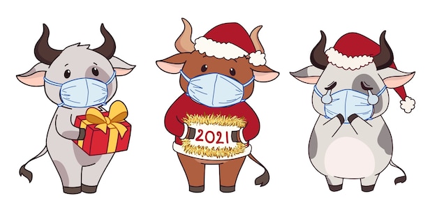 Verzameling van cute cartoon koeien medische masker en kerstkostuum dragen.