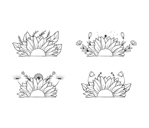 Verzameling van decoratie Halve zonnebloem met bloemenillustraties Vector