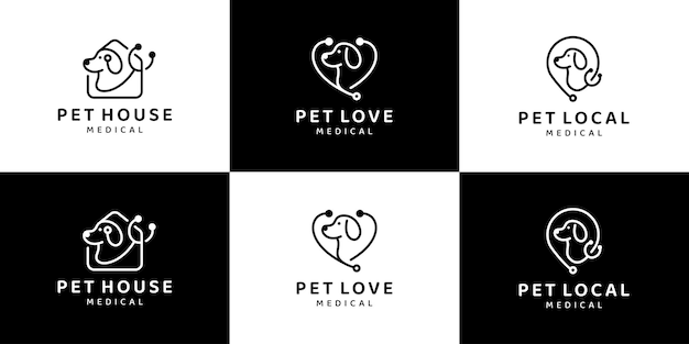 Verzameling van dierlijk huisdier logo ontwerp met liefde huis locatie en stethoscoop ontwerp grafische vectorillustratie Huisdier zorg symbool pictogram creatief