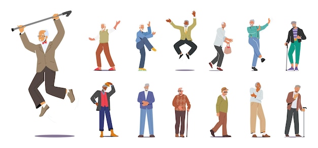 Verzameling van diverse senior mannen oude mannelijke karakters springen stand met wandelstok oefenen poseren in ouderwetse kleding geïsoleerde grootvader denken en dansen cartoon mensen vector illustratie