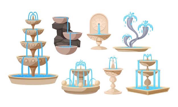 Vector verzameling van fonteinen, geiserwatervallen en waterplons. vintage en moderne architectuurdecor