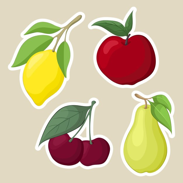 Verzameling van fruit stickers Verse gezonde vitaminen Citroen peer kersie appel Cartoon illustratie