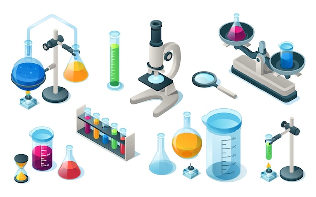 Verzameling van geïsoleerde chemische of medische laboratoriumapparatuur. geneeskunde of chemiepunten voor wetenschap of schoollaboratorium. kolf met pijpen en microscoop, zandloper en vergrootglas, buis. biologie, apotheek