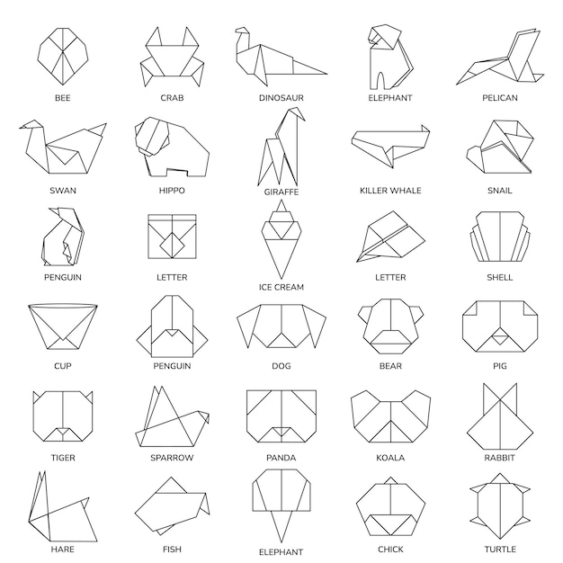 Verzameling van geïsoleerde dieren insecten vogels en objecten in vlakke stijl Overzicht Origami logo iconen
