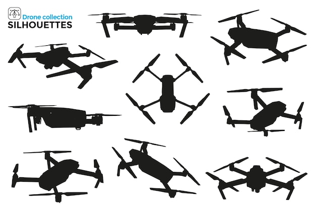 Verzameling van geïsoleerde dronesilhouetten in verschillende weergaven. hoog detail. grafische bronnen.