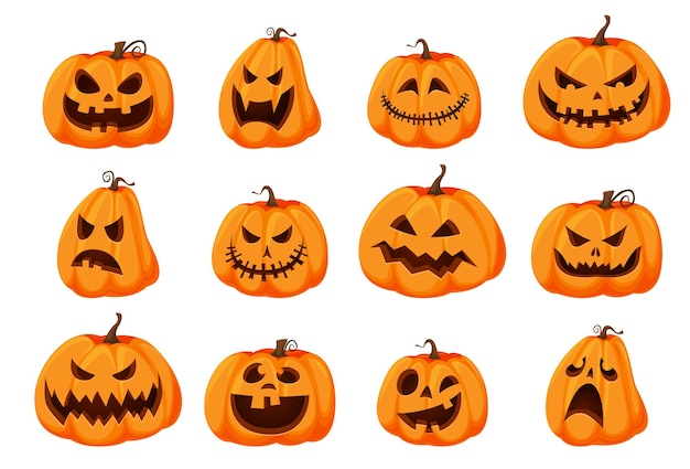 Verzameling van geïsoleerde Halloween-pompoenen. Oranje pompoen met verschillende soorten glimlachen voor Halloween-vakantie. vector illustratie