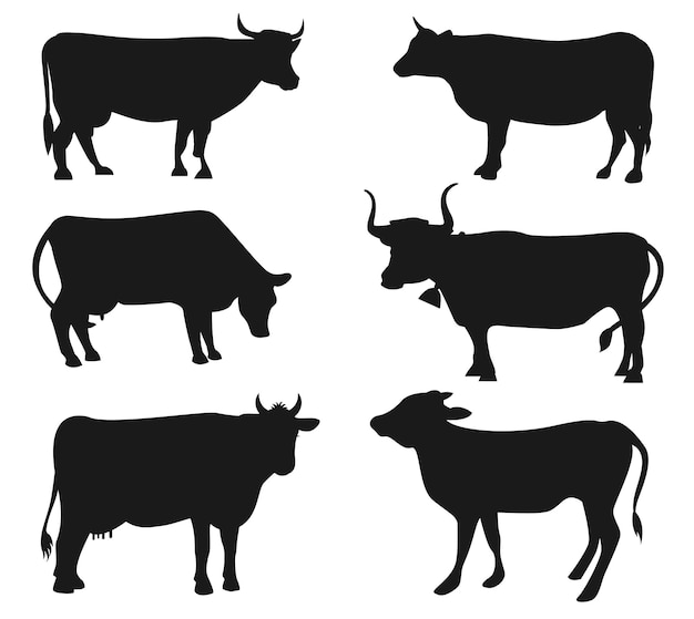 Verzameling van geïsoleerde koe- en ox-vectoren silhouetten