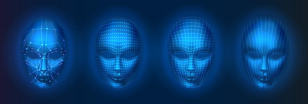 Verzameling van geïsoleerde mens of robot, kunstmatige intelligentie gezichten met stippen en lijnen. Gezichtsscan met AI, hoofdverificatietechnologie, herkenningsconcept.