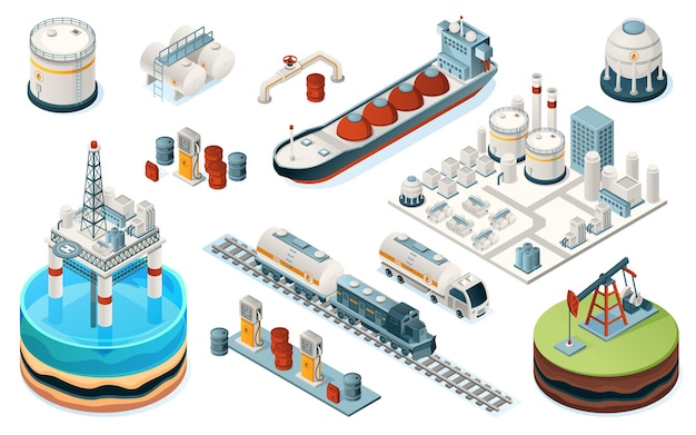 Vector verzameling van geïsoleerde olie-industrie apparatuur. isometrische brandstof-, benzine- en benzineproductie. installatie en pijp, zeeplatform en tanker, trein en vrachtwagen, pomp, benzinestation, tank. industriële fabriek