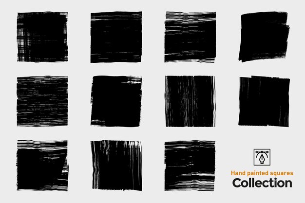 Verzameling van geïsoleerde penseelstreken. Zwarte handgeschilderde penseelstreken. Inkt grunge vierkanten.
