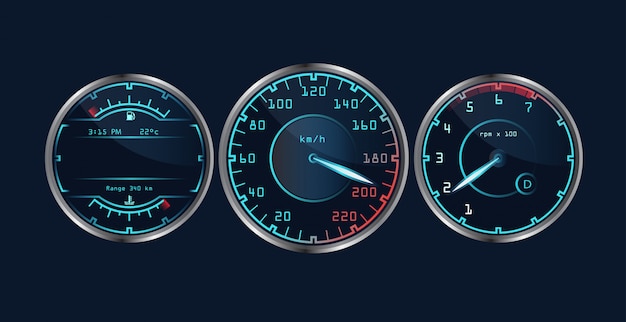 Verzameling van geïsoleerde realistische dashboard snelheidsmeters.