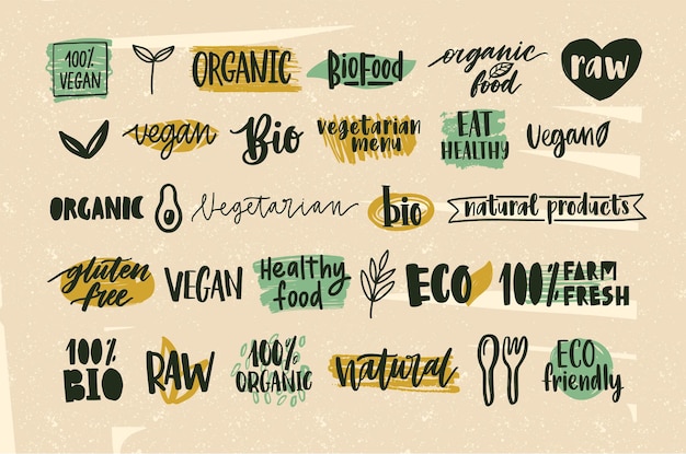 Vector verzameling van gezonde biologische voeding en natuurlijke veganistische en vegetarische eco-producten die handgeschreven zijn met kalligrafische lettertypen. bundel van handgetekende labels of tags. creatieve vectorillustratie.