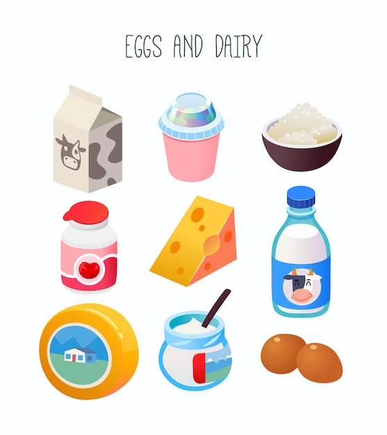 Vector verzameling van goederen van de zuivelafdeling van een supermarkt of online marktplaats geïsoleerde vectorillustratie met groep melkkaas, yoghurt en eieren