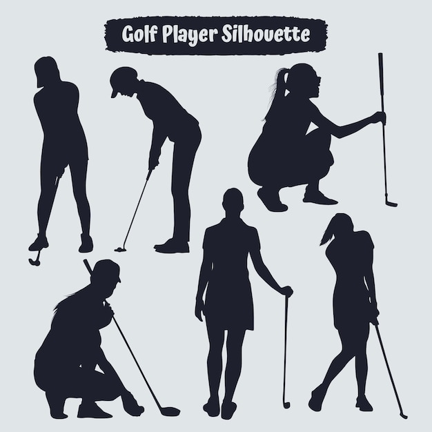 Verzameling van golfspeler vrouwelijke silhouetten in verschillende poses