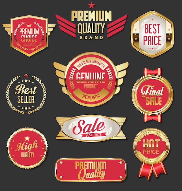 Verzameling van gouden badges, labels en tags