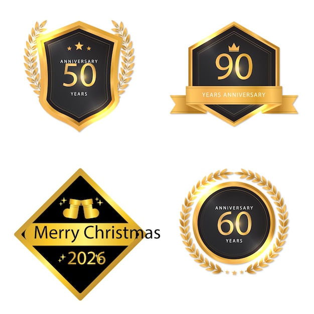 Verzameling van gouden en zilveren insignes en labels in verschillende vormen