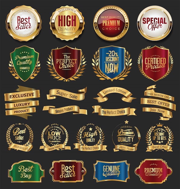 Verzameling van gouden retro vintage badges