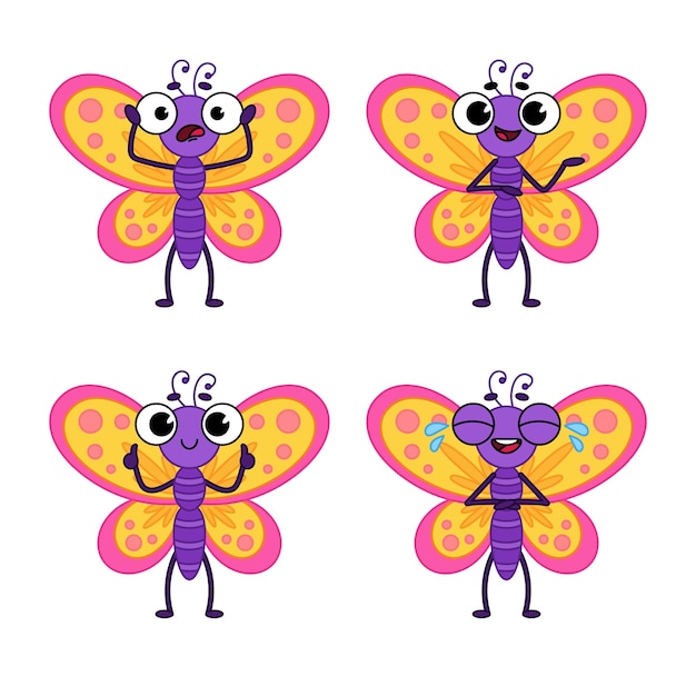 Verzameling van grappige cartoon vlinder karakter duimen opdagen, glimlachen, huilen van het lachen