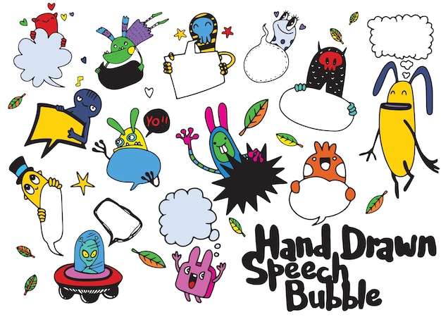 Vector verzameling van grappige personages en cute lege tekstballon doodle