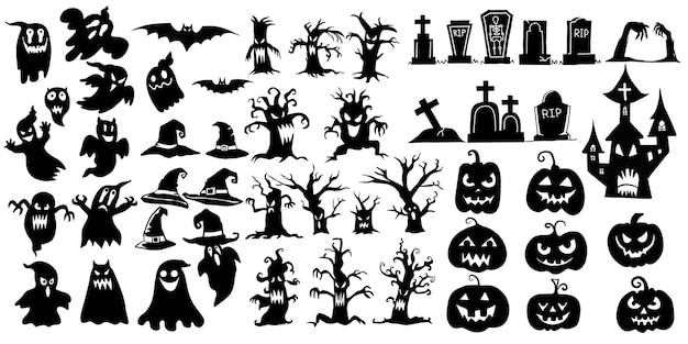 Verzameling van halloween silhouetten icoon en karakter, elementen voor halloween decoraties premium vector, elk op een aparte laag.