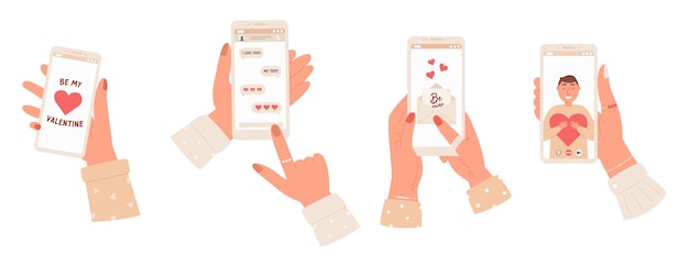 Verzameling van handen met smartphones met liefdesboodschap en vieo-oproep met geliefde