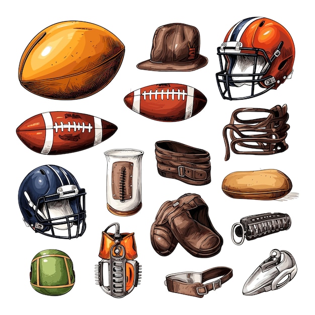 Verzameling van handgetekende American football-items Rugby-elementen