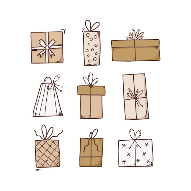 Vector verzameling van handgetekende geschenkdozen en pakillustraties wintervakantie ontwerpelementen doodle vectortekening geïsoleerd op een witte achtergrond