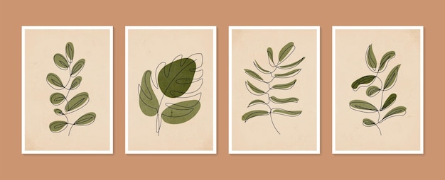 Verzameling van hedendaagse kunstposters met één regel. Botanische wall art set. Minimale en natuurlijke kunst aan de muur.