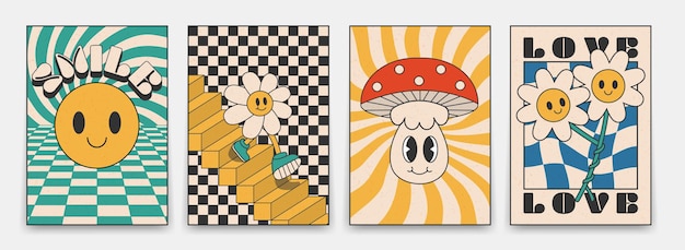 Vector verzameling van heldere groovy posters 70s retro poster met psychedelische bloemen en paddenstoelen