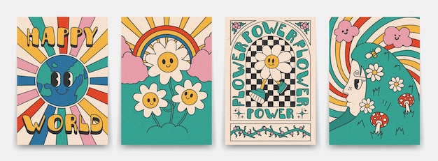 Vector verzameling van heldere groovy posters 70s retro poster met psychedelische landschappen met regenboog