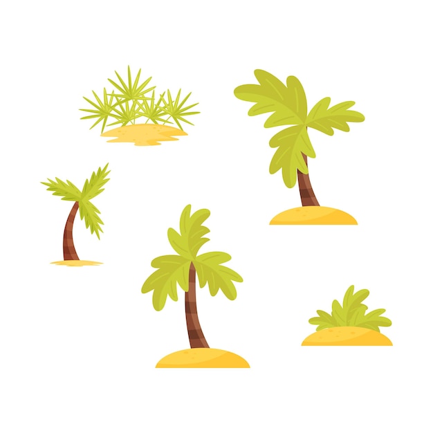 Verzameling van heldergroene palmen, bomen en struiken op zand Tropische planten Decoratieve elementen voor aquapark Cartoon stijl illustraties Kleurrijk plat vectorontwerp geïsoleerd op witte achtergrond